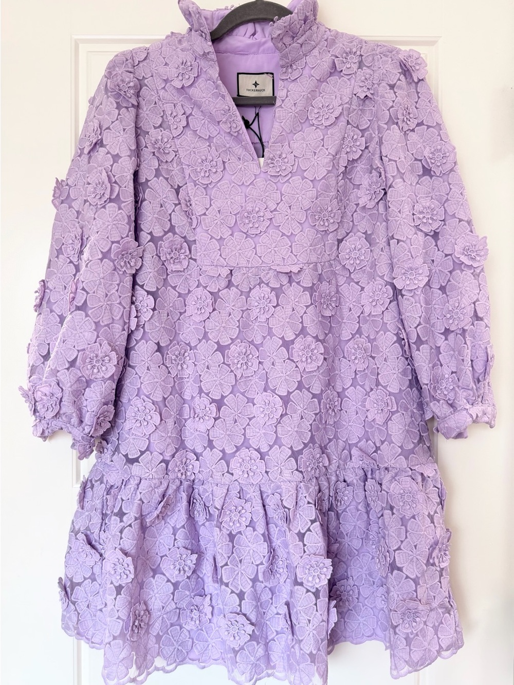 Tuckernuck Lilac Lace 3D Floral Mini Dress Puff Sleeve NWT XXS - Picture 2 of 6